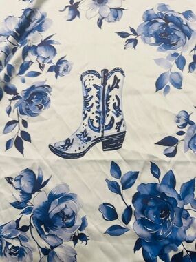 Blue Floral Cowboy Boot Print Western Scarf